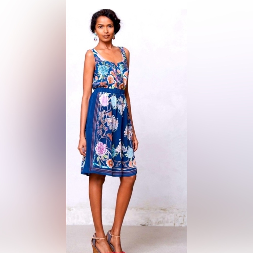 Moulinette Soeurs Anthropology 100% silk blue floral sleeveless Midi Dress M